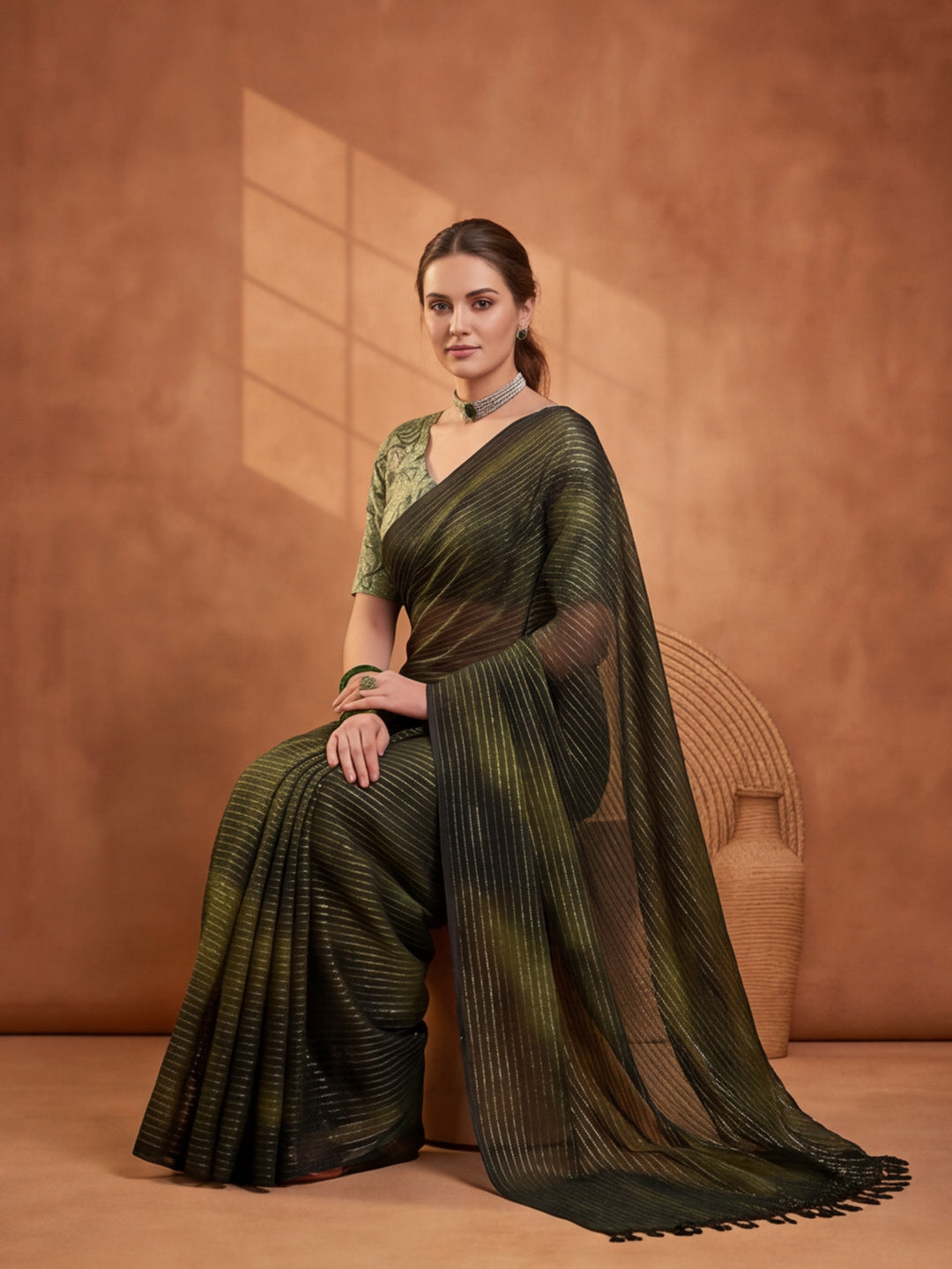 Olive Green Sparkle Lining Fabric Saree with Unique Prints by Jaipur Kurti