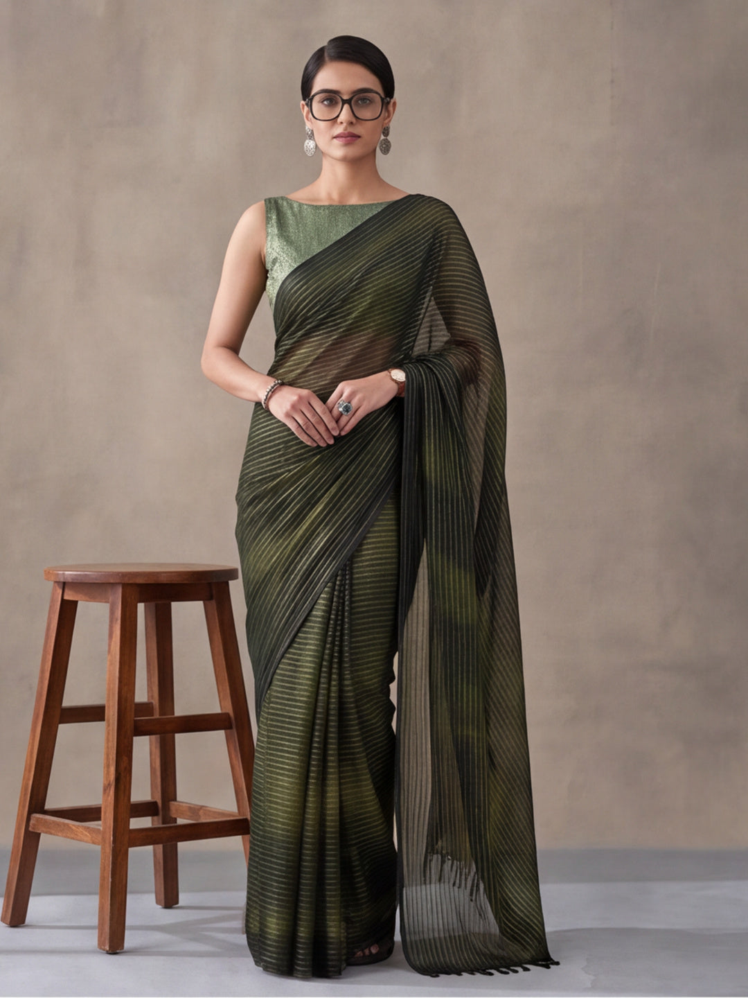 Olive Green Sparkle Lining Fabric Saree with Unique Prints by Jaipur Kurti