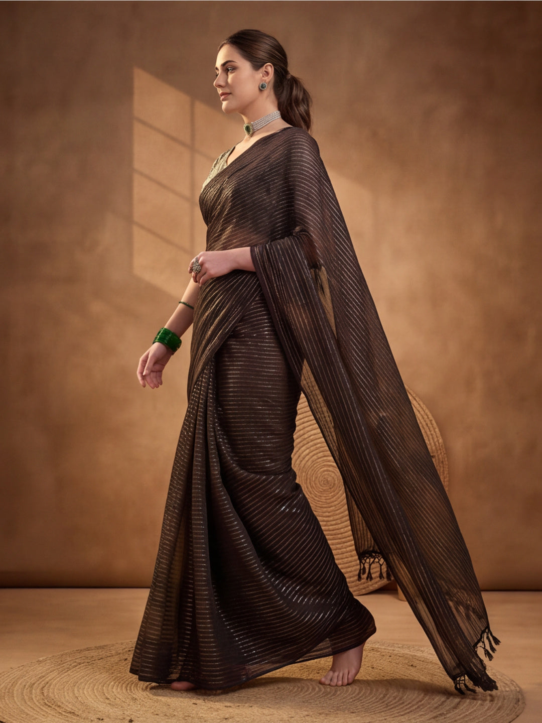 Women's Coffee Brown Sparkle Lining Fabric Saree with Stylish Prints by Jaipur Kurti