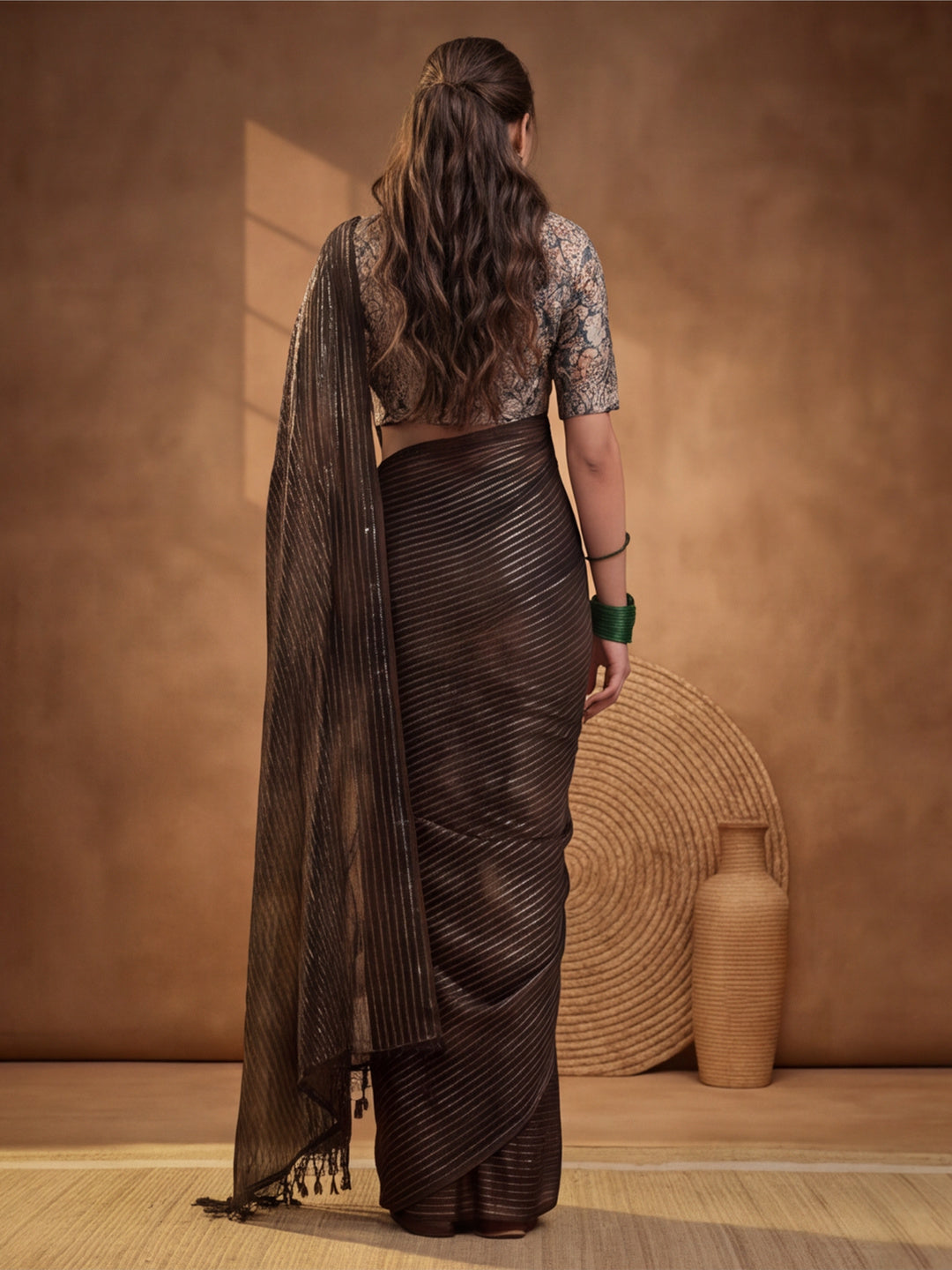 Women's Coffee Brown Sparkle Lining Fabric Saree with Stylish Prints by Jaipur Kurti