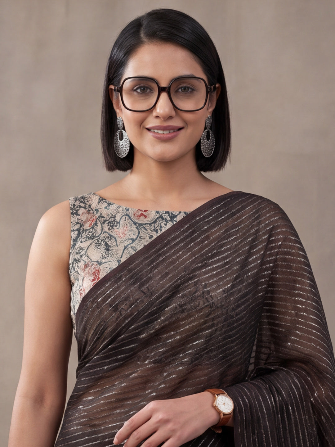 Women's Coffee Brown Sparkle Lining Fabric Saree with Stylish Prints by Jaipur Kurti