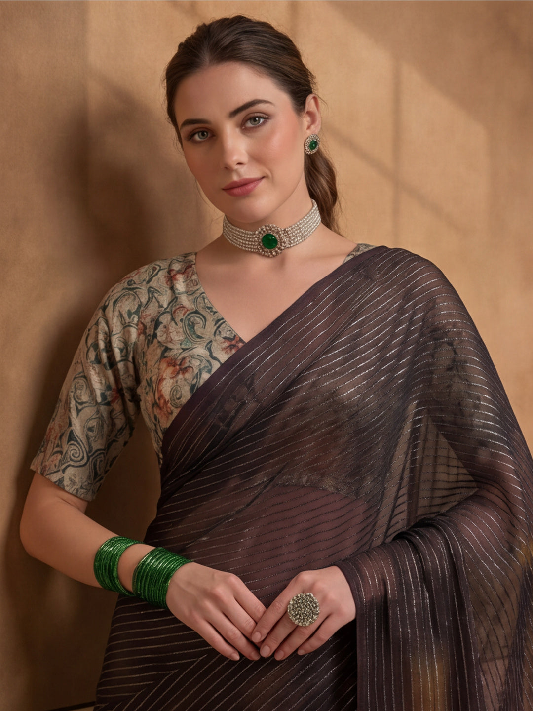 Women's Coffee Brown Sparkle Lining Fabric Saree with Stylish Prints by Jaipur Kurti