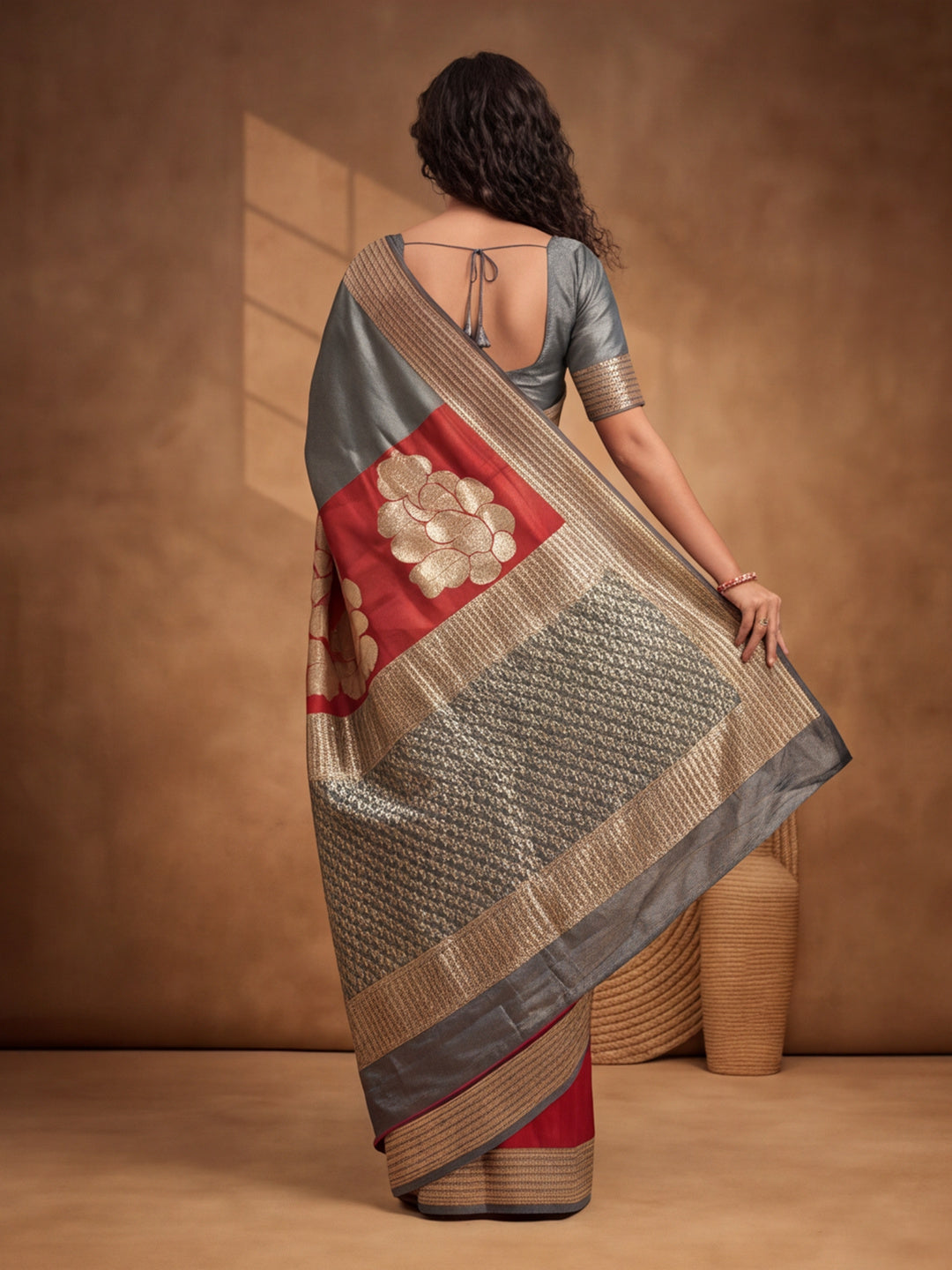 Jaipur Kurti Women'S Designer Weaving Work Grey,Red Saree