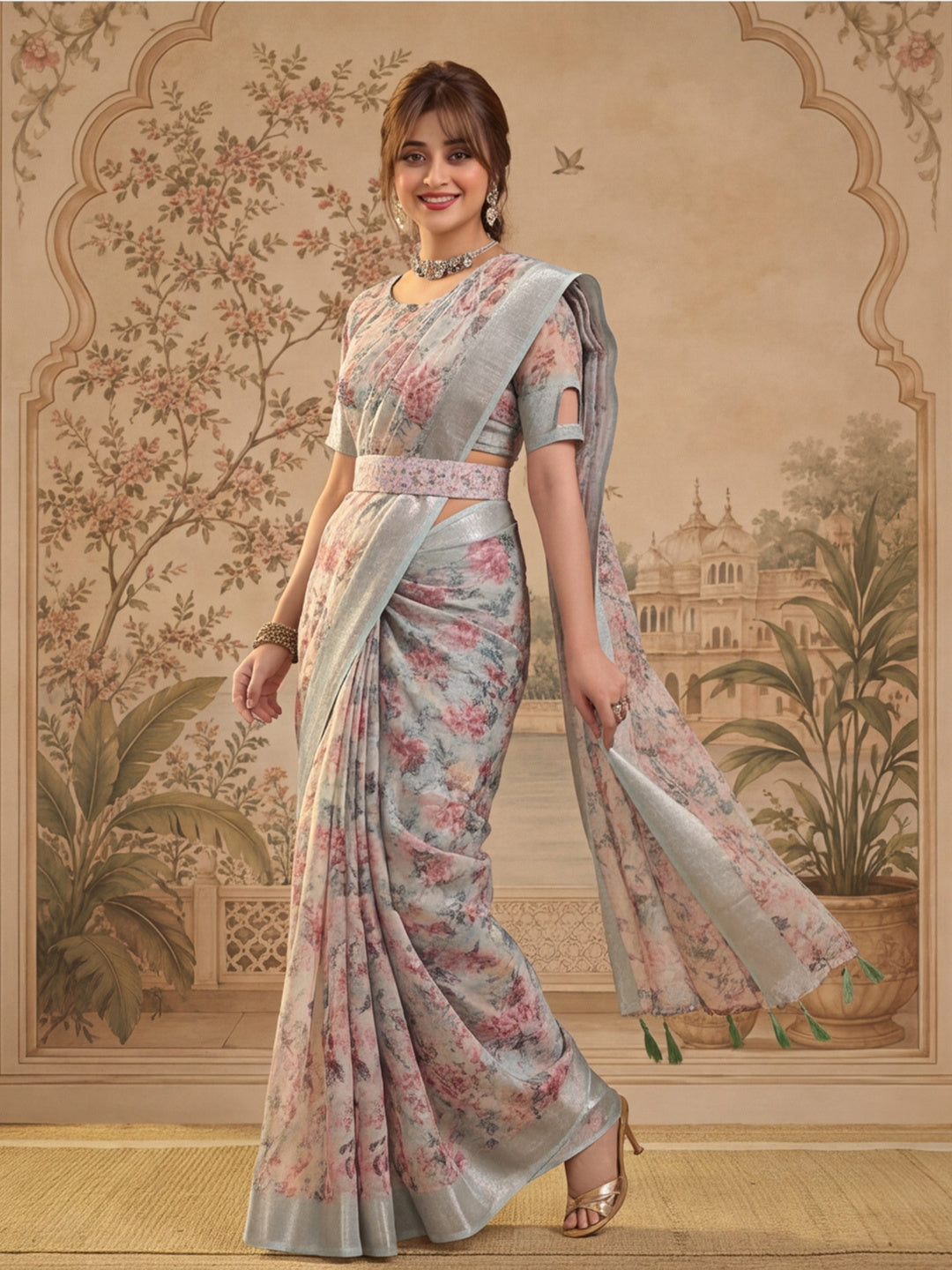 Pastel Floral Digital Print Linen Silver Zari Saree with Belt Lightweight Festive Saree for Women