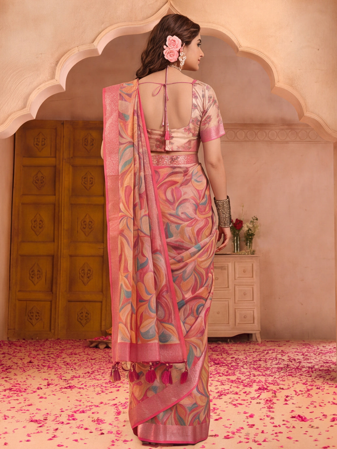 Pink Linen Silver Zari Saree with Belt Trendy Digital Printed Saree for Festivals & Casual Wear