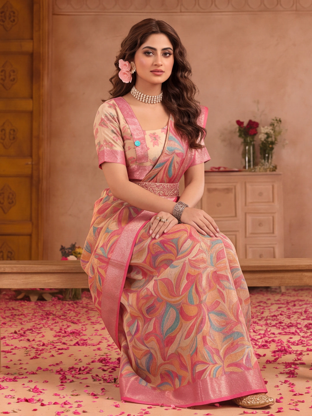 Pink Linen Silver Zari Saree with Belt Trendy Digital Printed Saree for Festivals & Casual Wear