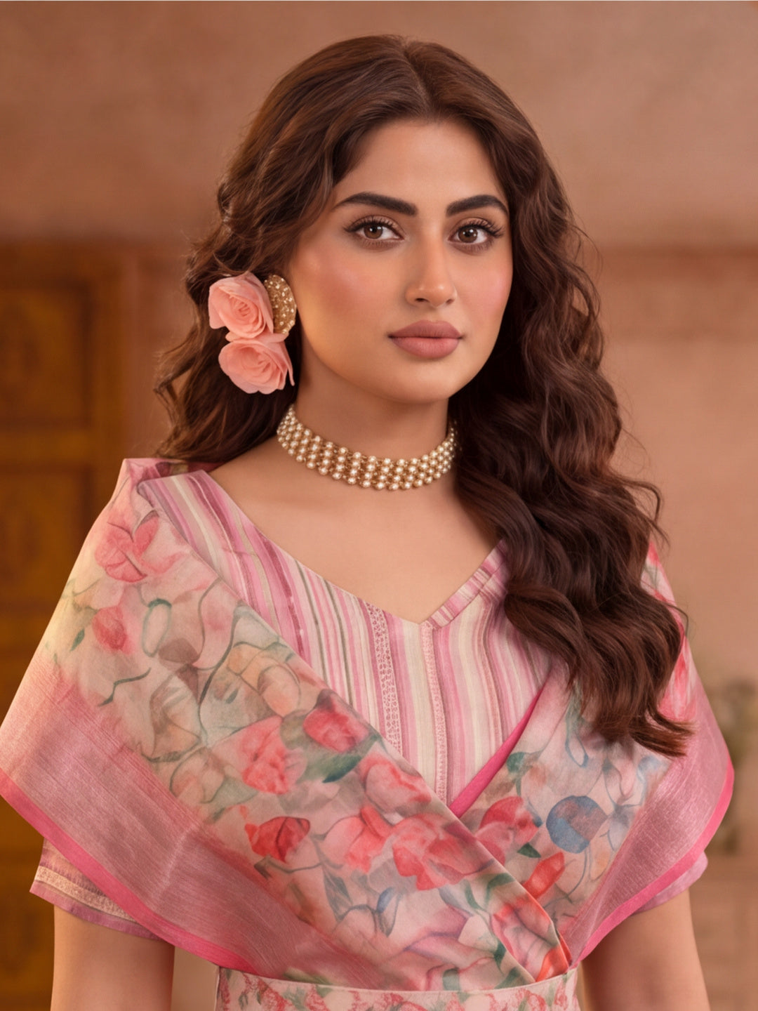 Linen Silver Zari Pink Floral Digital Printed Saree with Designer Waist Belt Premium Festive Saree