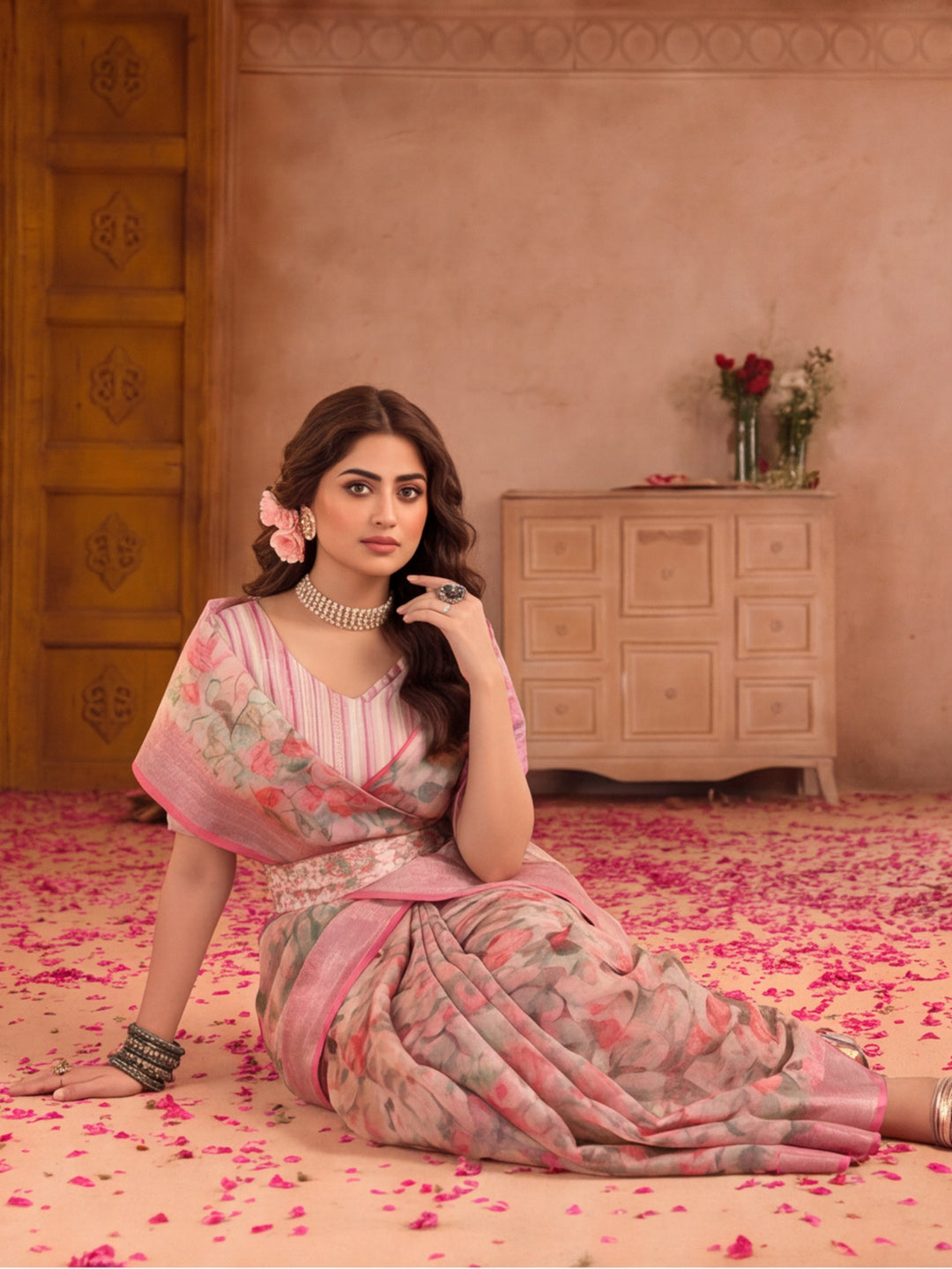 Linen Silver Zari Pink Floral Digital Printed Saree with Designer Waist Belt Premium Festive Saree