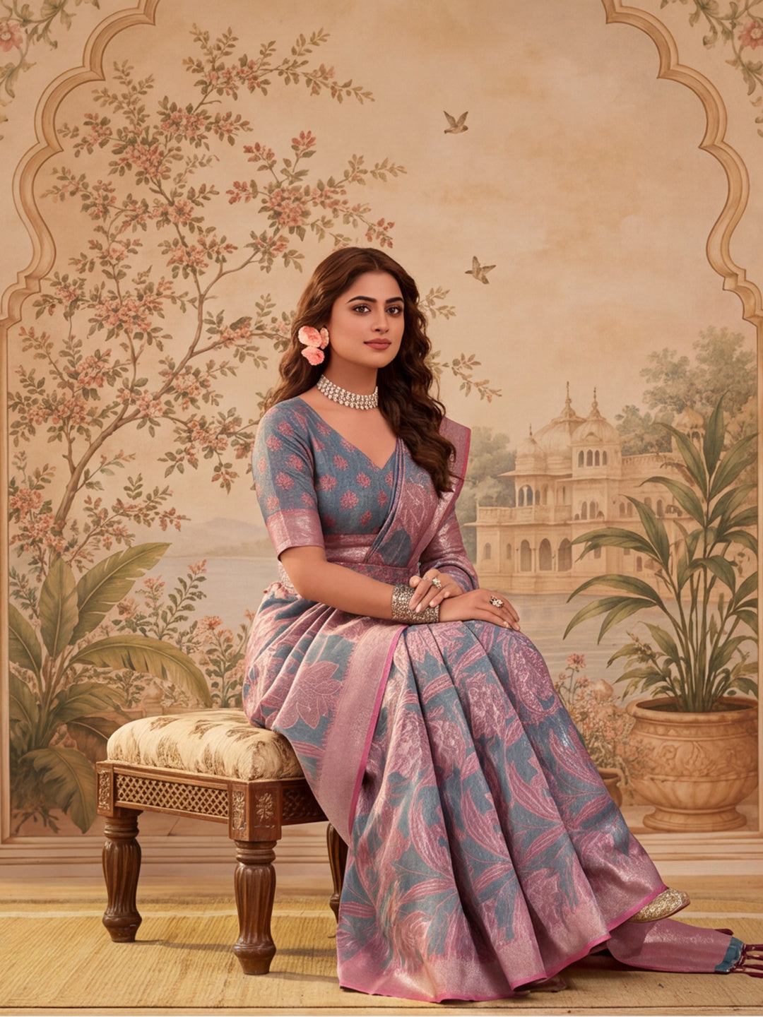 Elegant Linen Silver Zari Dark Grey-Pink Floral Digital Printed Saree with Designer Belt
