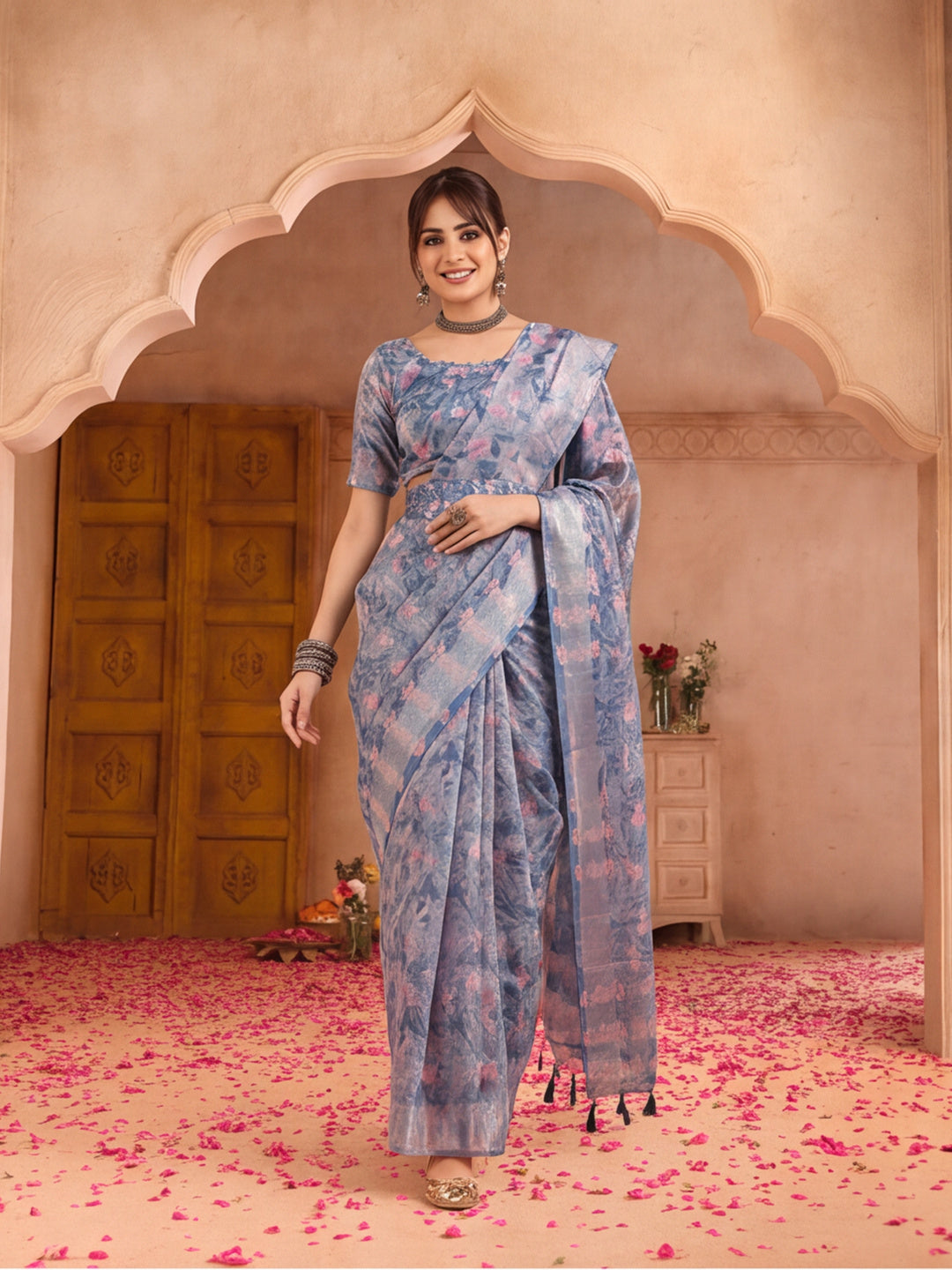 Elegant Linen Silver Zari Blue Floral Digital Print Saree with Belt & Tassel Detail Party Wear