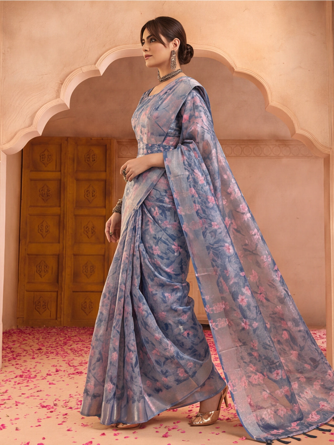 Elegant Linen Silver Zari Blue Floral Digital Print Saree with Belt & Tassel Detail Party Wear