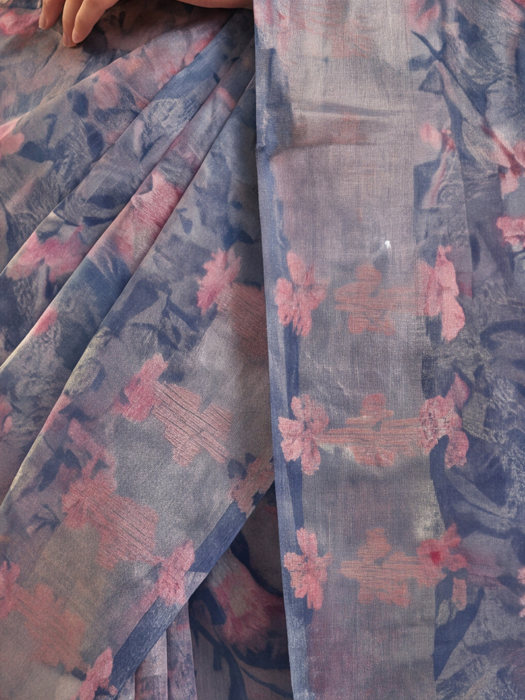 Elegant Linen Silver Zari Blue Floral Digital Print Saree with Belt & Tassel Detail Party Wear