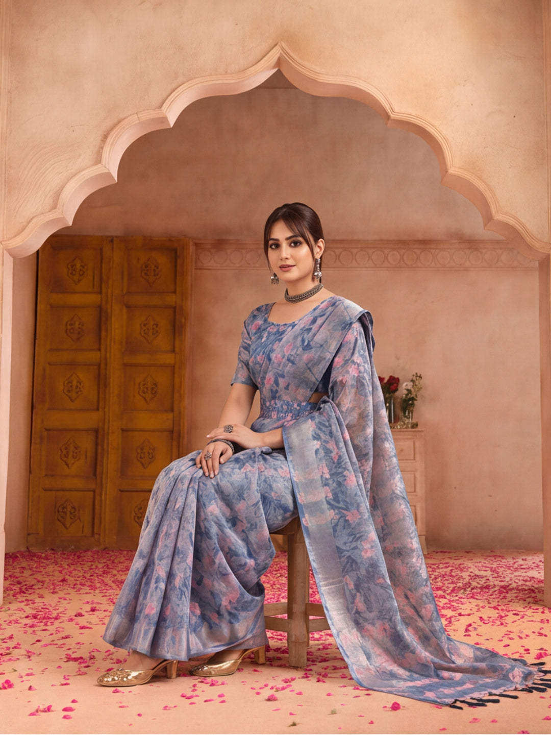 Elegant Linen Silver Zari Blue Floral Digital Print Saree with Belt & Tassel Detail Party Wear