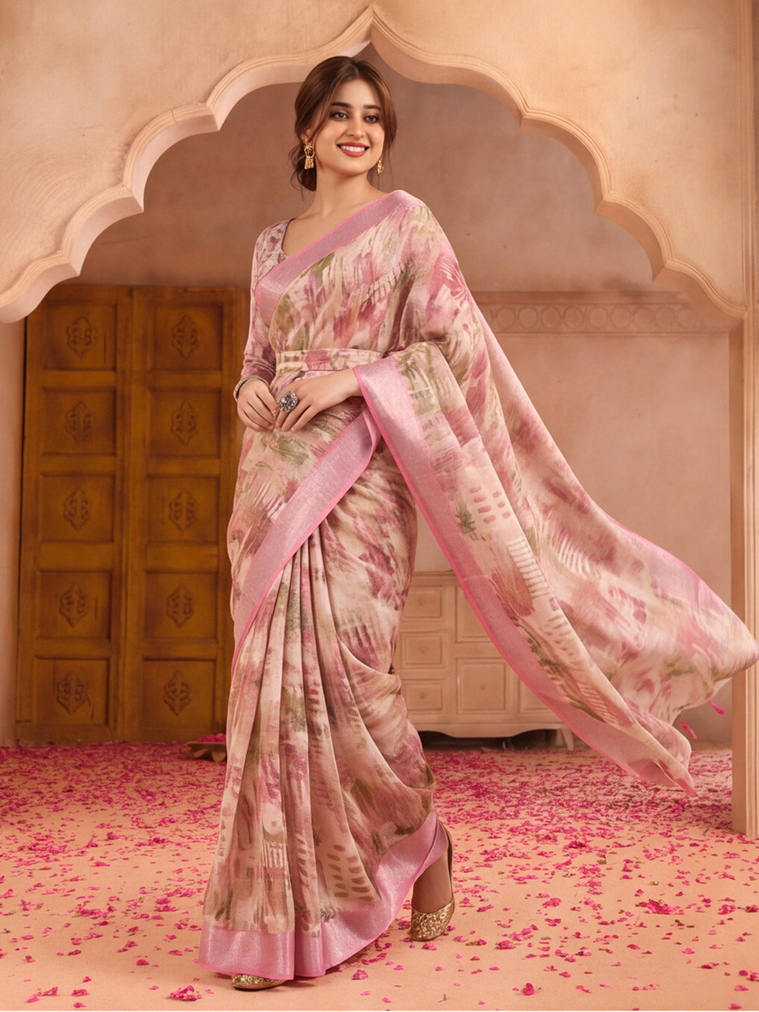 Pastel Pink Linen Silver Zari Digital Print Saree with Latkan Tassel Pallu & Belt