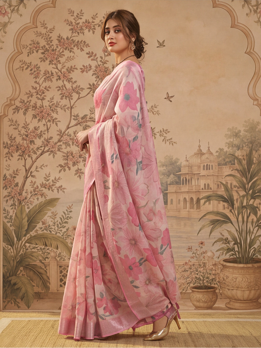 Baby Pink Linen Silver Zari Saree with Belt Bold Floral Digital Print & Latkan Tassel Pallu