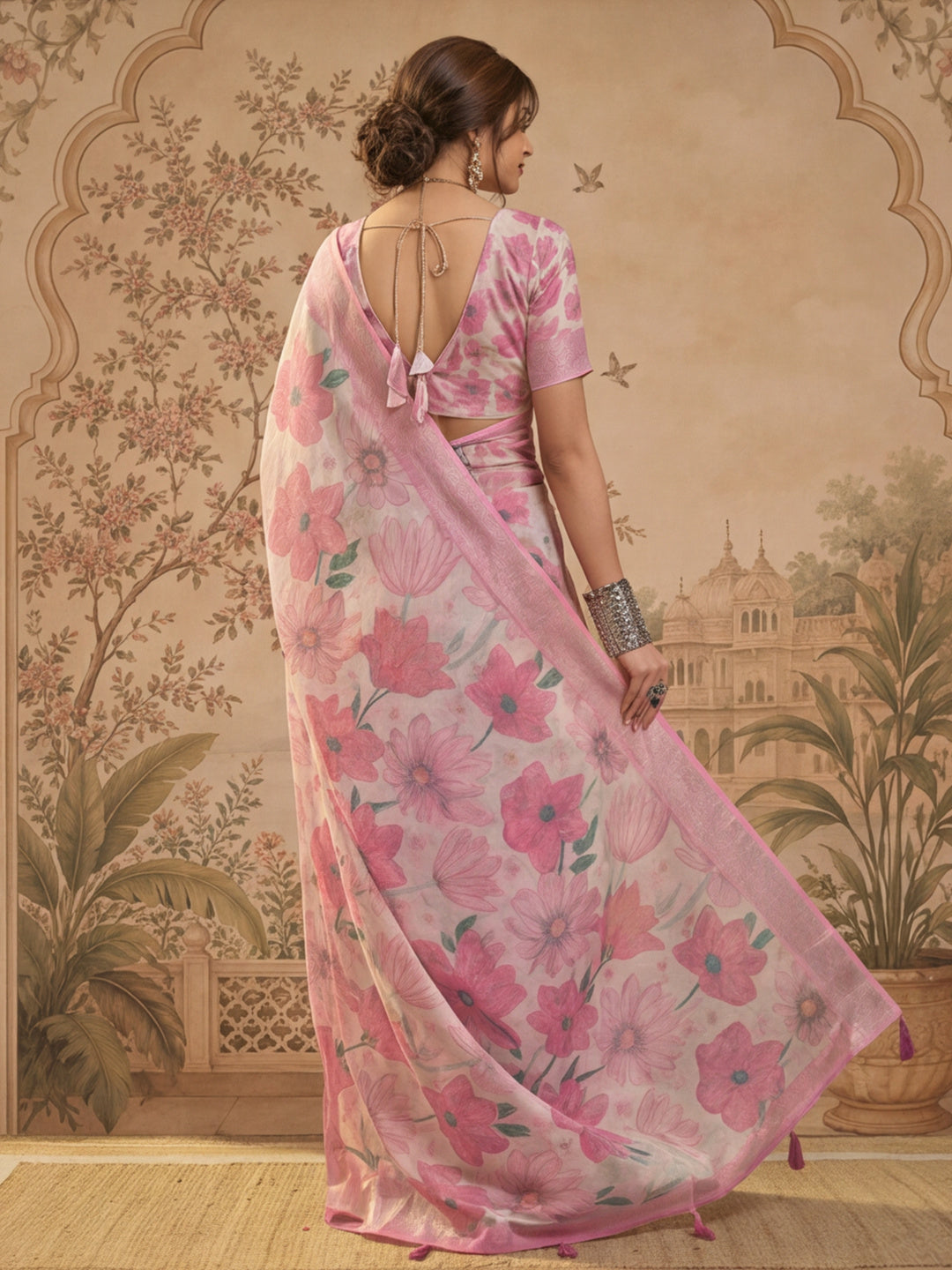 Baby Pink Linen Silver Zari Saree with Belt Bold Floral Digital Print & Latkan Tassel Pallu