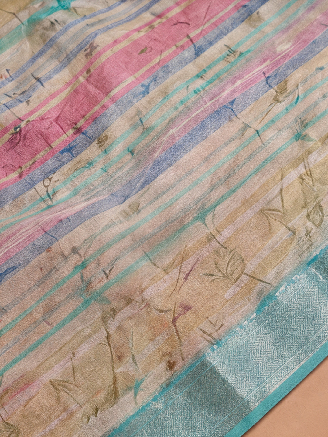 Aqua Gold Striped Linen Silver Zari Saree with Digital Print & Highlighted Belt
