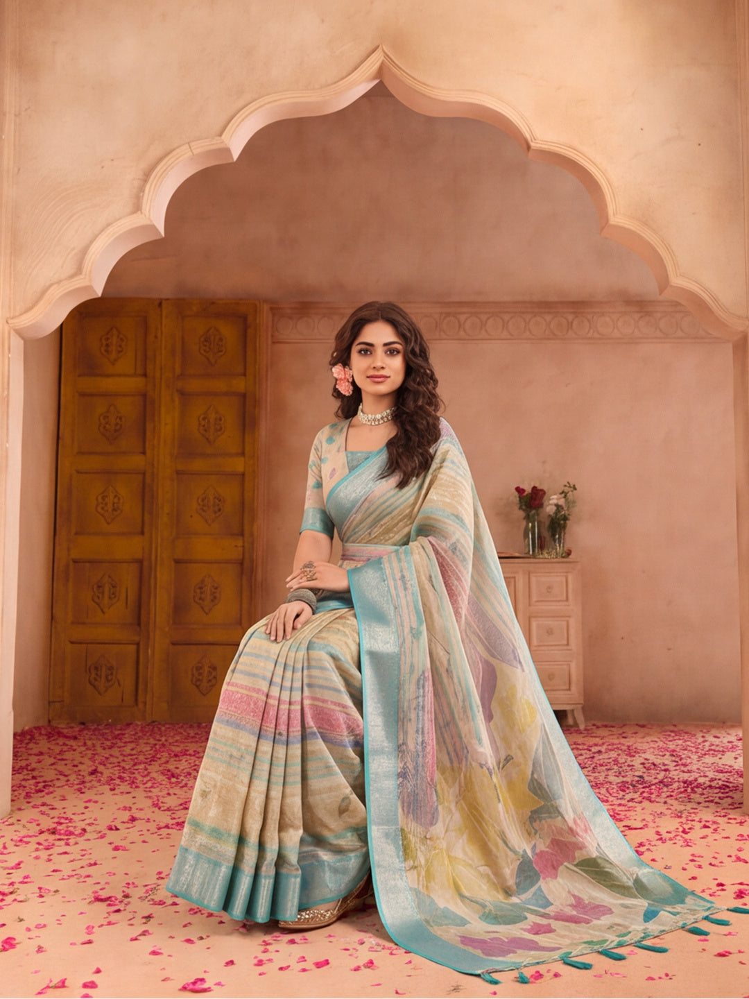 Aqua Gold Striped Linen Silver Zari Saree with Digital Print & Highlighted Belt