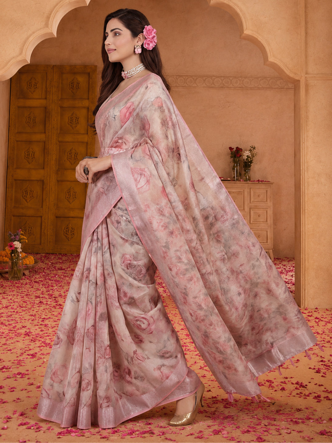 Elegant Linen Silver Zari Digital Print Saree with Tassel Pallu & Designer Belt