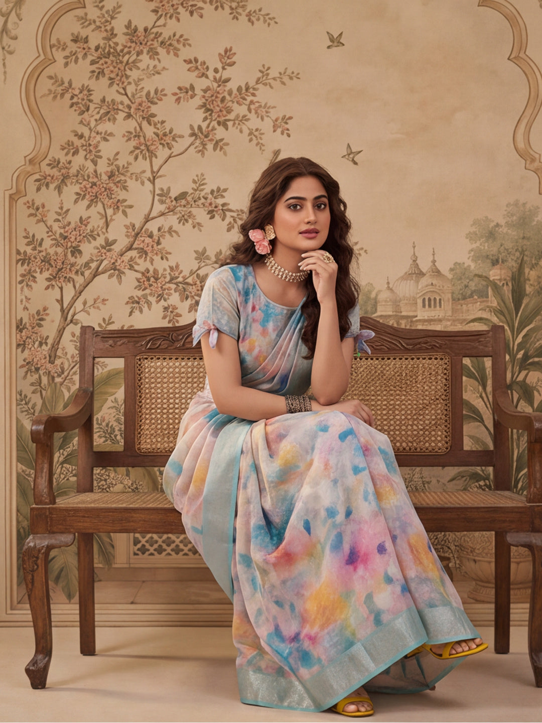 Linen Silver Zari Multi-Color Digital Print Saree with Latkan Pallu & Designer Belt