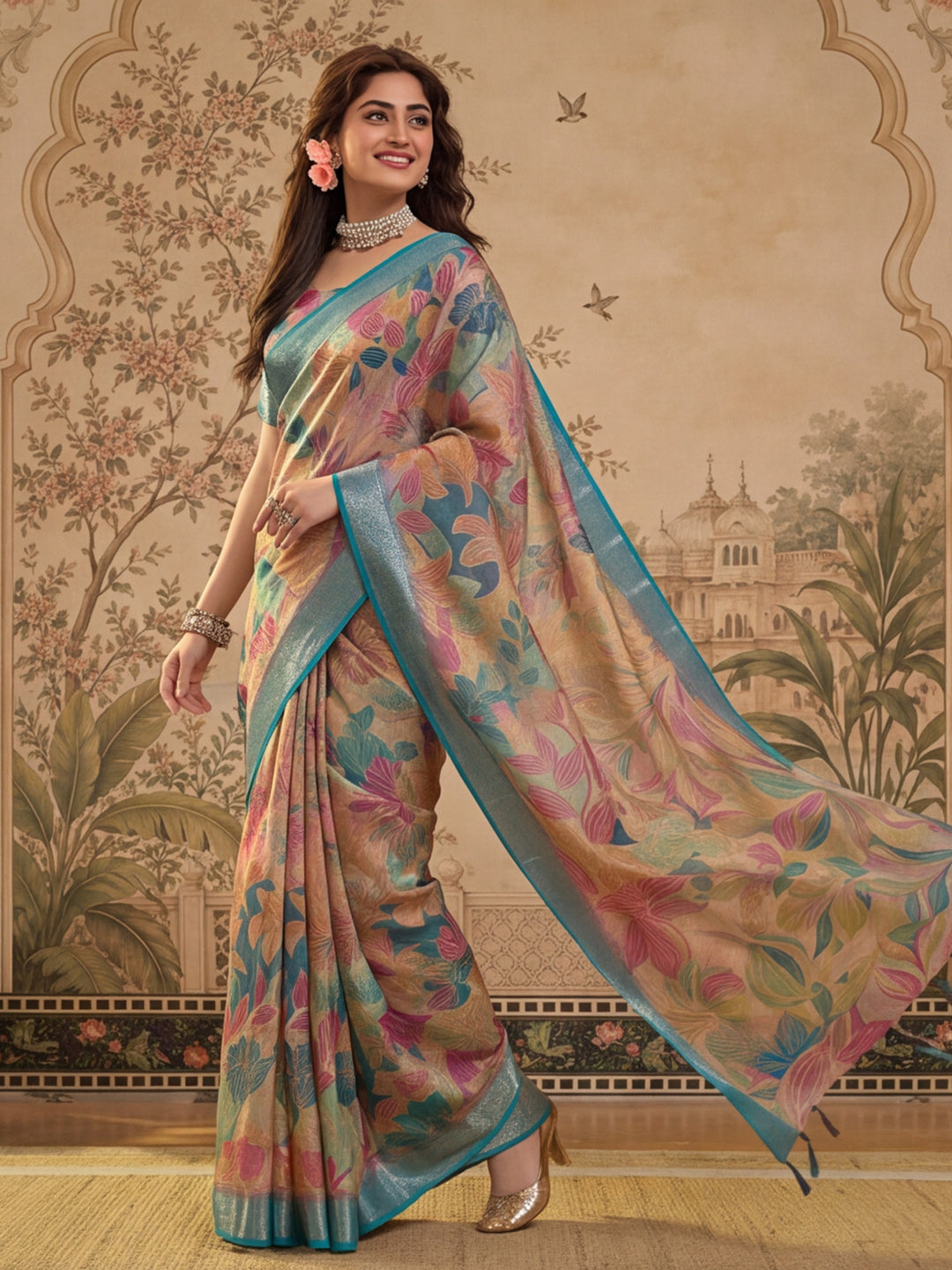 Multicolour Linen Zari Digital Print Saree with Belt Fancy Zari Border Designer Festive Saree