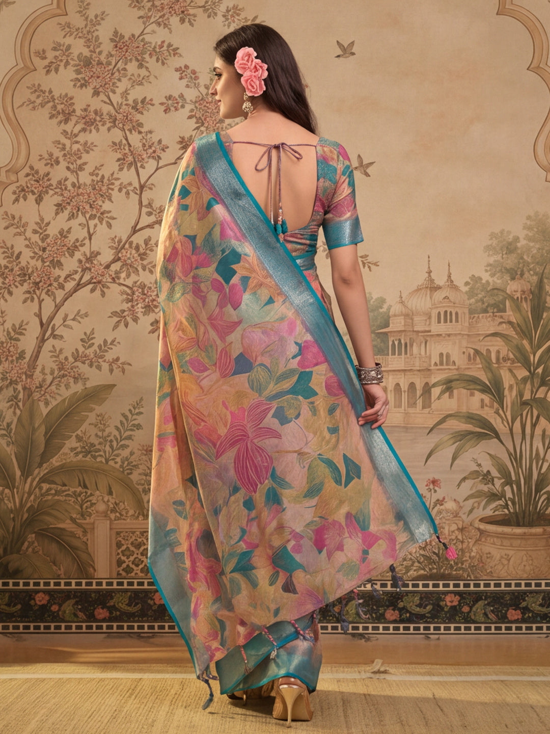 Multicolour Linen Zari Digital Print Saree with Belt Fancy Zari Border Designer Festive Saree