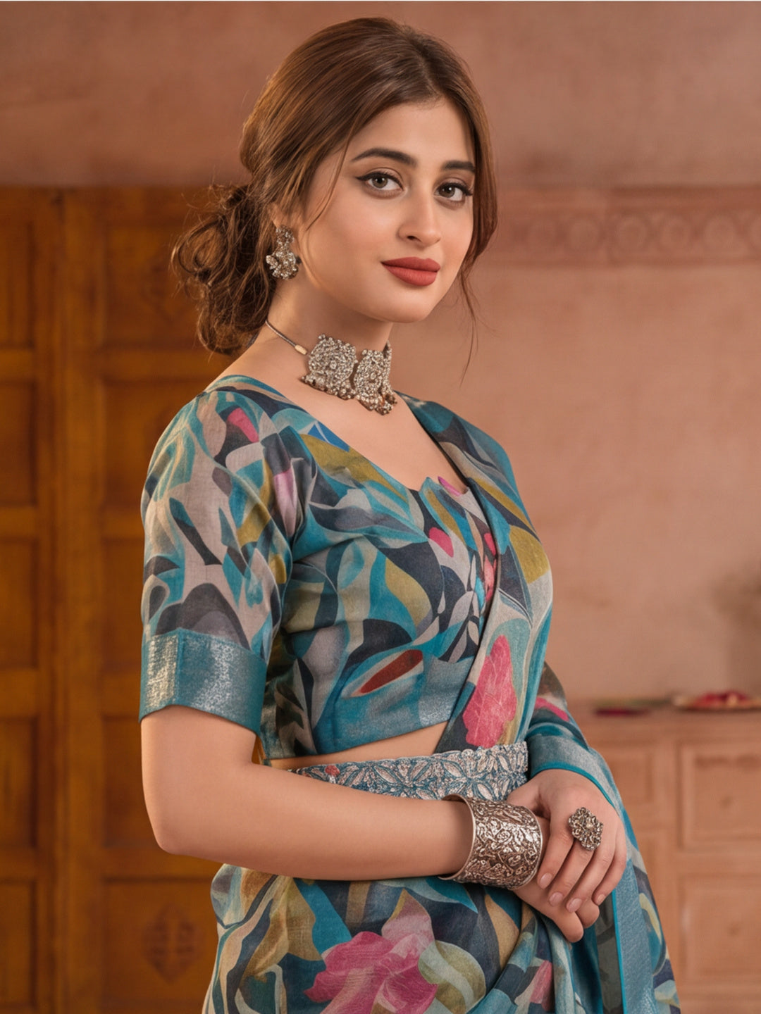 Teal Linen Zari Digital Print Saree with Belt Fancy Multicolour Print Zari Border Festive Saree