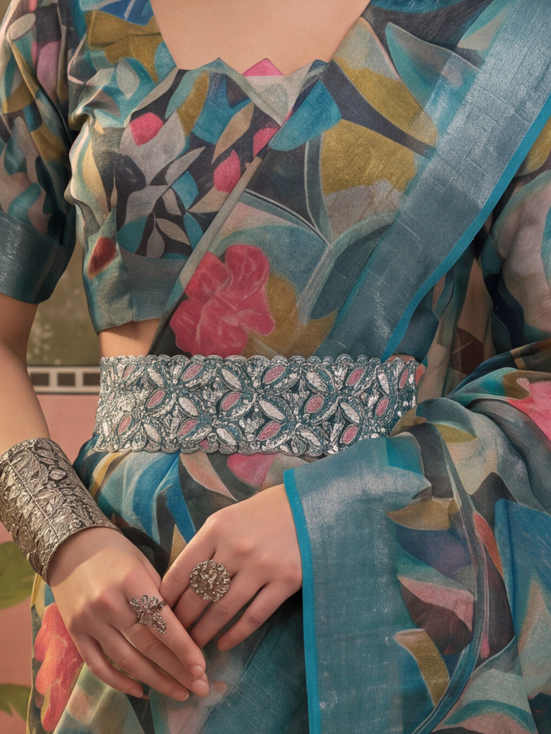 Teal Linen Zari Digital Print Saree with Belt Fancy Multicolour Print Zari Border Festive Saree