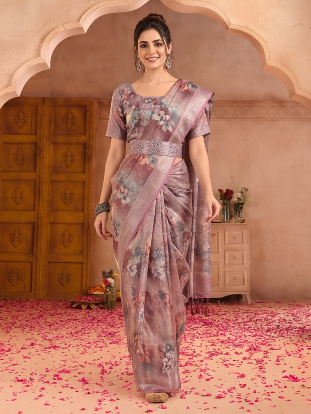 Dusty Pink Linen Zari Digital Print Saree with Belt Floral Print Zari Border Designer Festive Saree