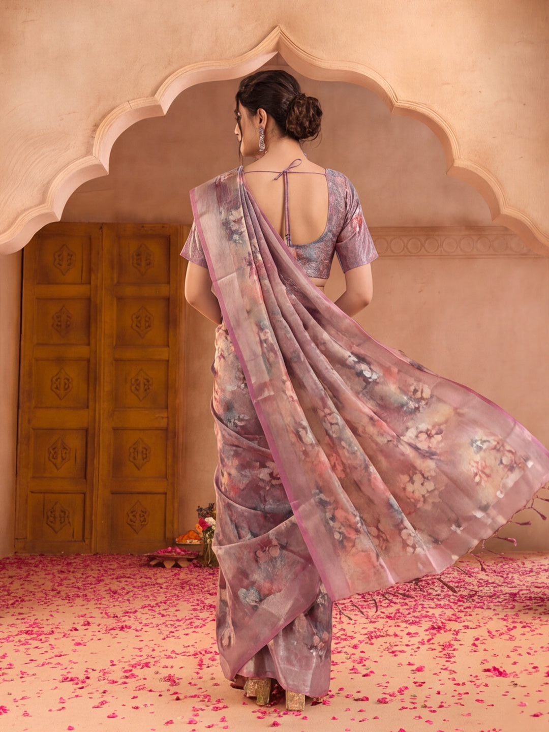 Dusty Pink Linen Zari Digital Print Saree with Belt Floral Print Zari Border Designer Festive Saree