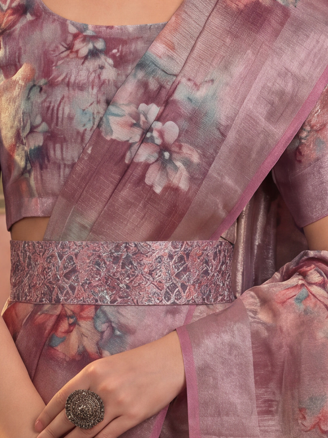 Dusty Pink Linen Zari Digital Print Saree with Belt Floral Print Zari Border Designer Festive Saree