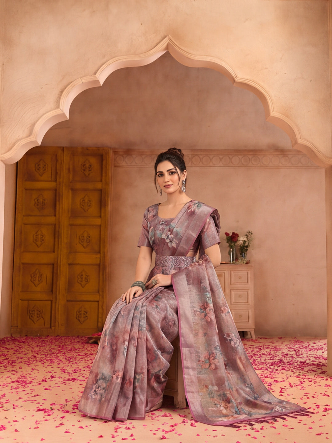 Dusty Pink Linen Zari Digital Print Saree with Belt Floral Print Zari Border Designer Festive Saree