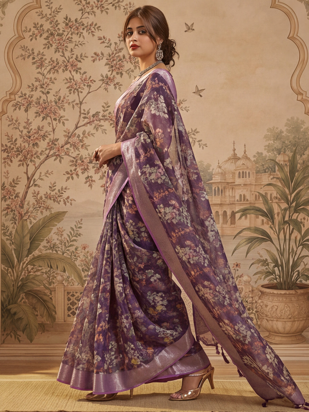 Purple Linen Zari Digital Print Saree with Belt Floral Print Fancy Zari Border Festive Wear Saree