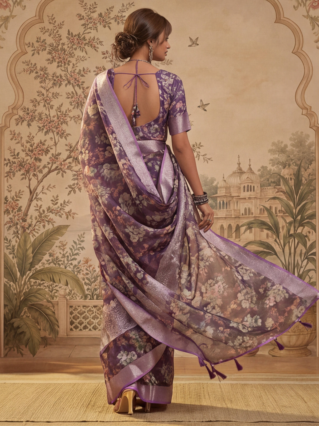 Purple Linen Zari Digital Print Saree with Belt Floral Print Fancy Zari Border Festive Wear Saree