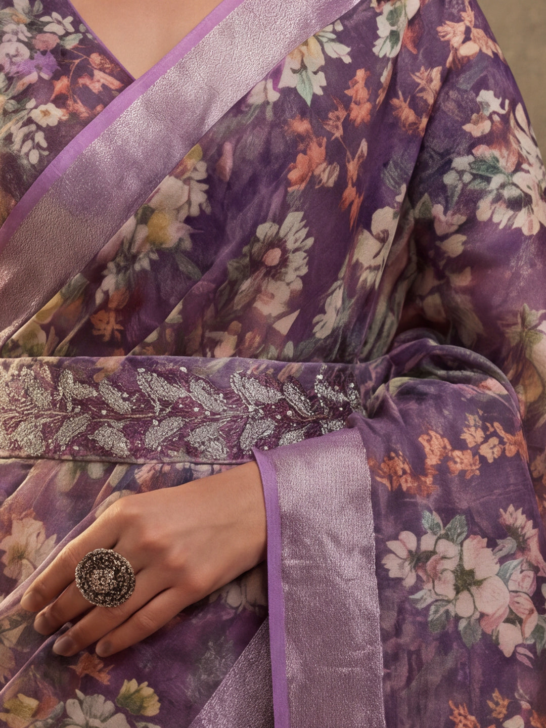 Purple Linen Zari Digital Print Saree with Belt Floral Print Fancy Zari Border Festive Wear Saree
