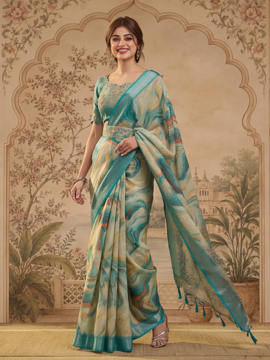 Teal Marble Print Linen Zari Saree with Belt Fancy Digital Print Zari Border Festive Wear Saree