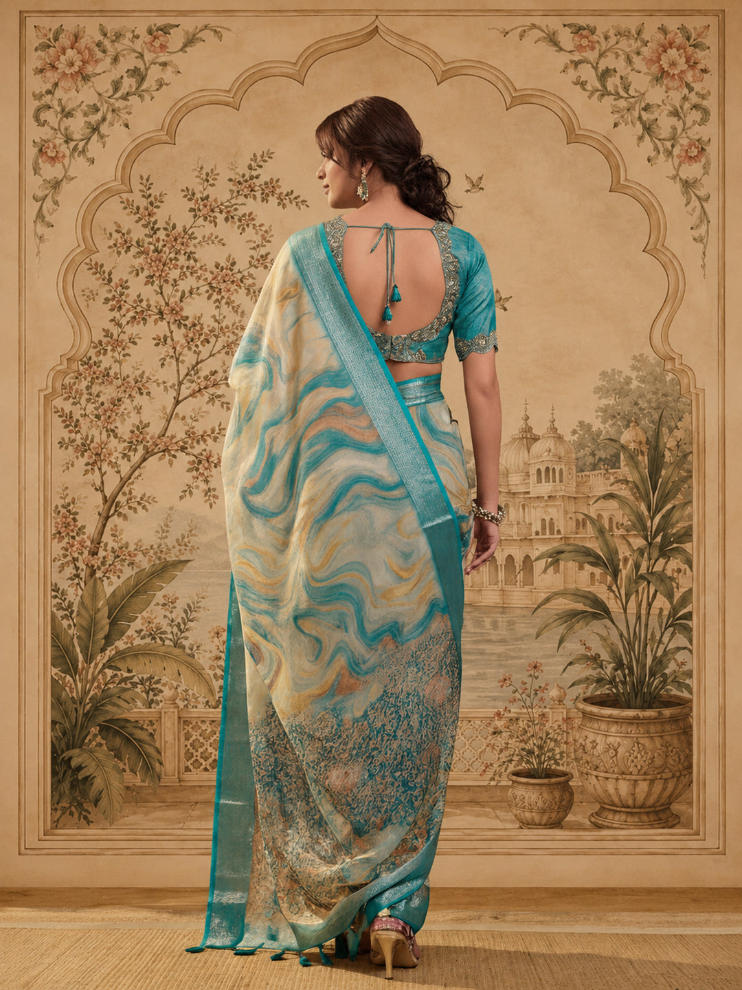 Teal Marble Print Linen Zari Saree with Belt Fancy Digital Print Zari Border Festive Wear Saree