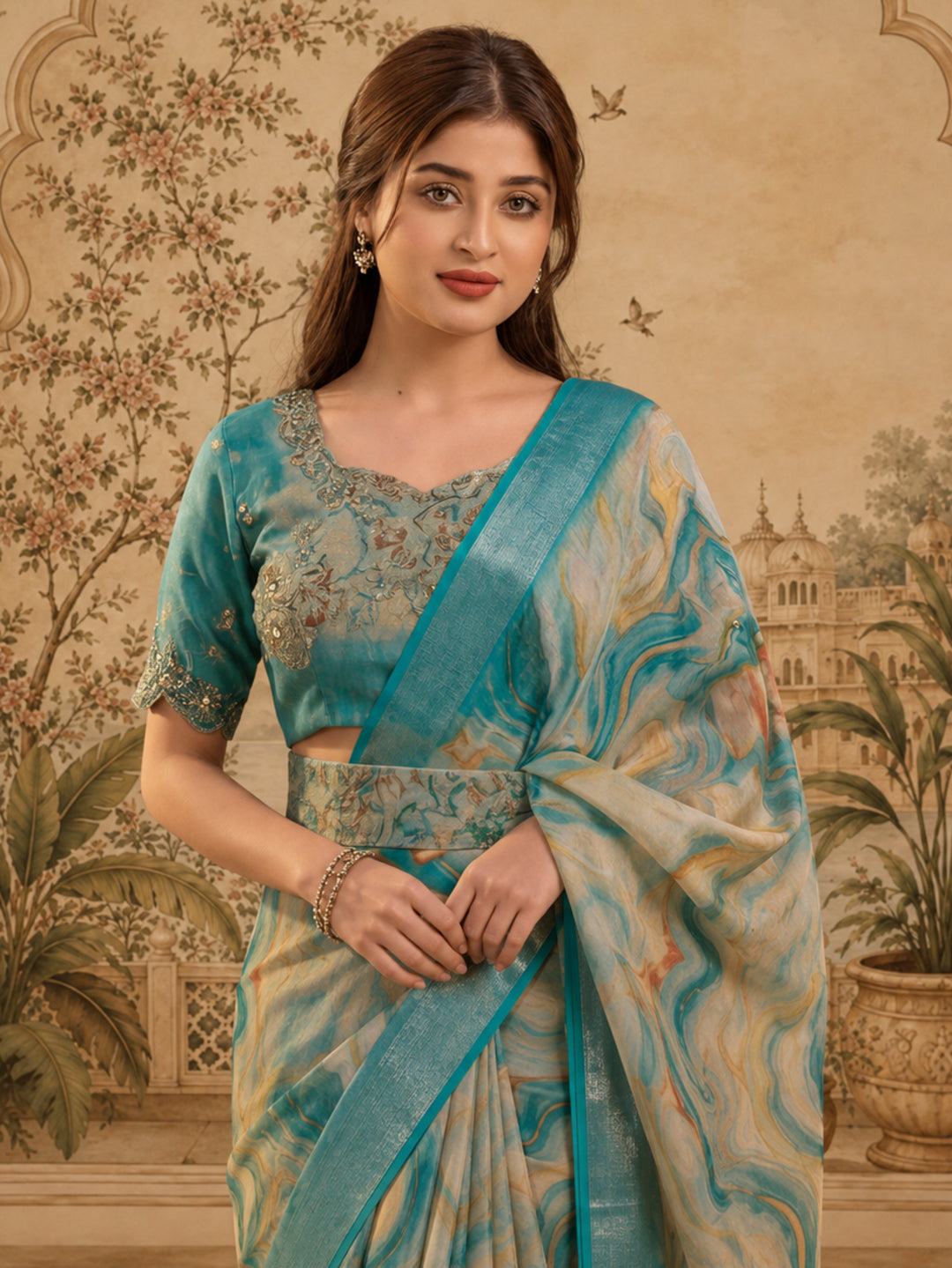 Teal Marble Print Linen Zari Saree with Belt Fancy Digital Print Zari Border Festive Wear Saree