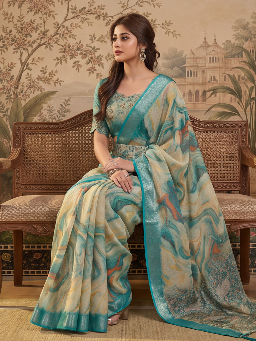 Teal Marble Print Linen Zari Saree with Belt Fancy Digital Print Zari Border Festive Wear Saree
