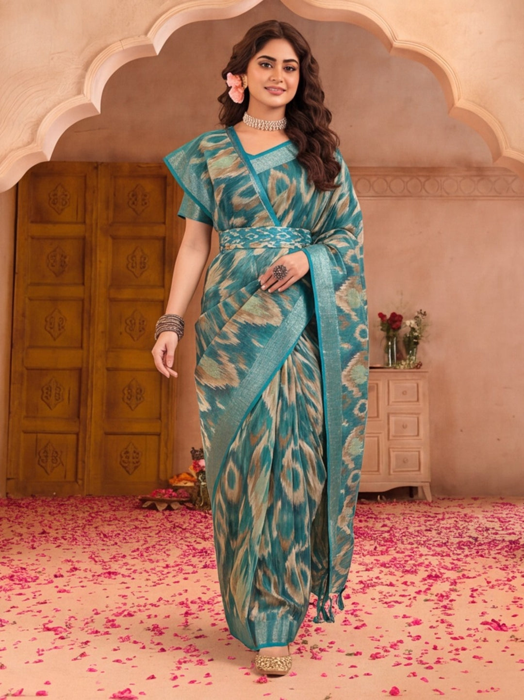 Teal Ikat Print Linen Zari Saree with Belt Digital Print Zari Border Festive Party Wear Saree
