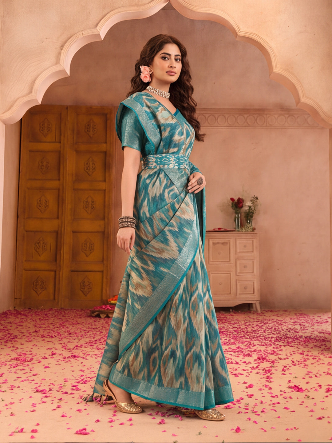 Teal Ikat Print Linen Zari Saree with Belt Digital Print Zari Border Festive Party Wear Saree