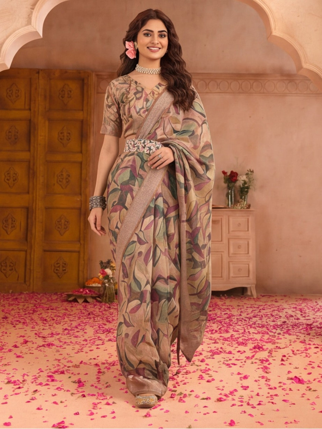 Beige Leaf Print Linen Zari Saree with Belt Fancy Digital Print Zari Border Festive Casual Saree
