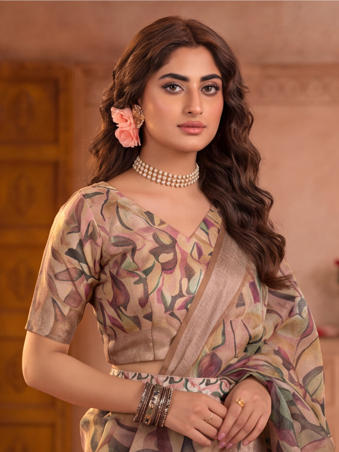 Beige Leaf Print Linen Zari Saree with Belt Fancy Digital Print Zari Border Festive Casual Saree