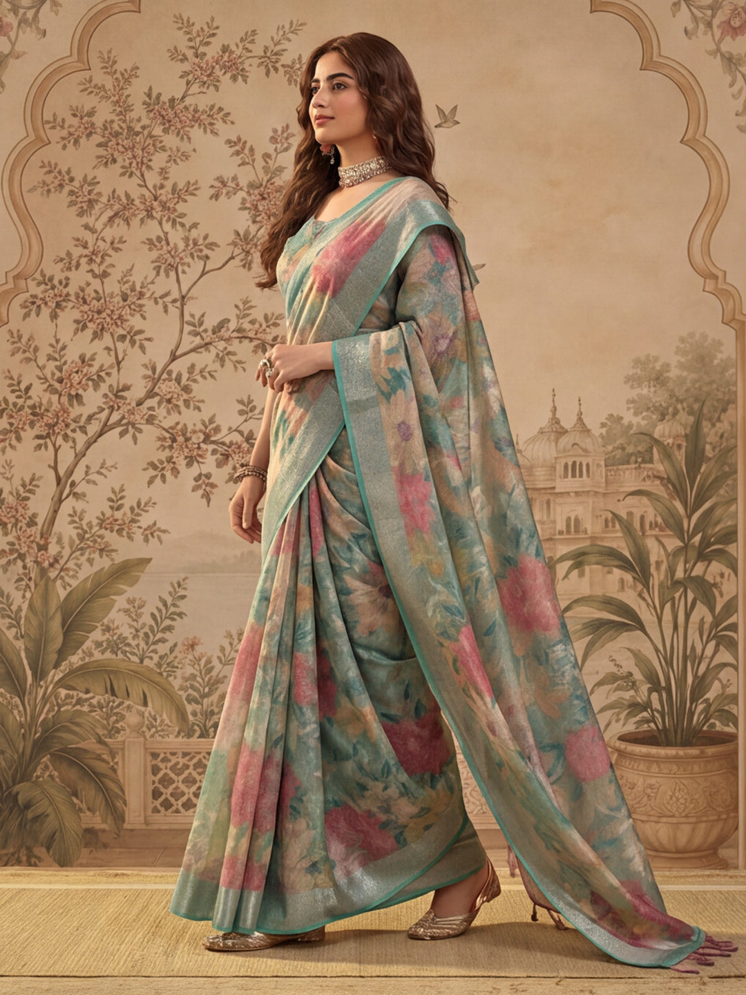 Mint Green Floral Print Linen Zari Saree with Belt Digital Print Zari Border Designer Saree