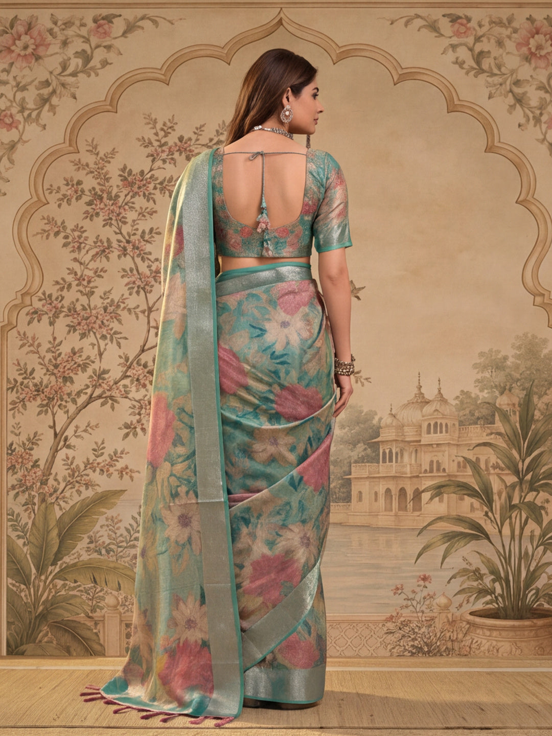 Mint Green Floral Print Linen Zari Saree with Belt Digital Print Zari Border Designer Saree