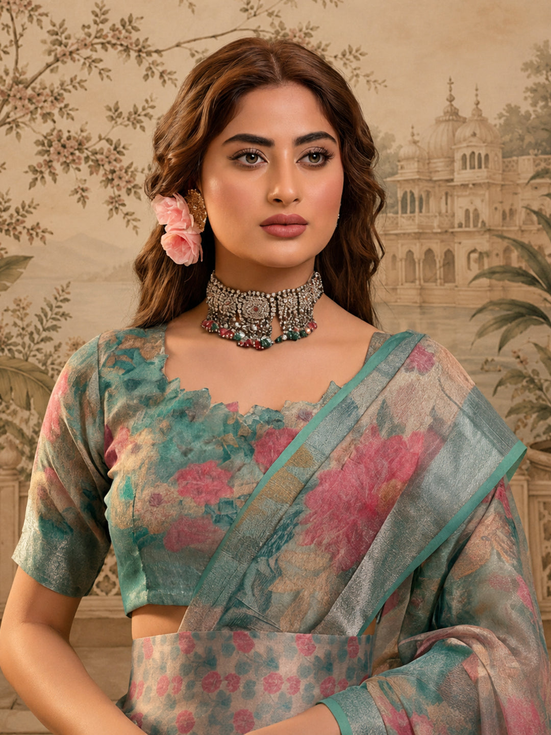 Mint Green Floral Print Linen Zari Saree with Belt Digital Print Zari Border Designer Saree