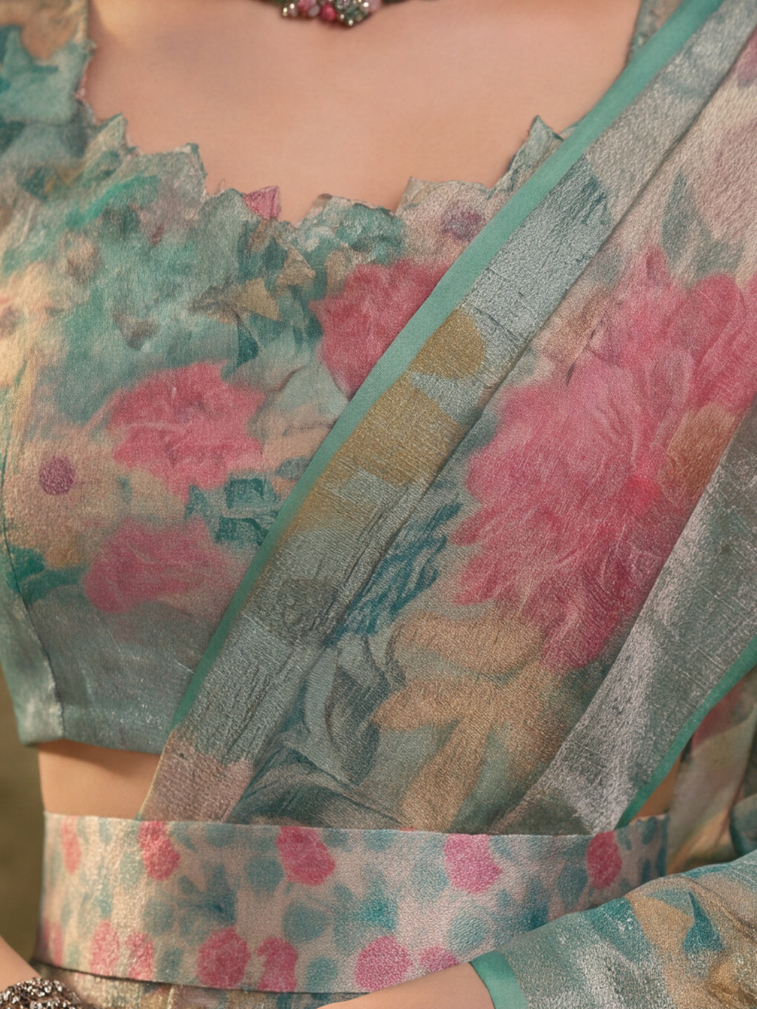 Mint Green Floral Print Linen Zari Saree with Belt Digital Print Zari Border Designer Saree