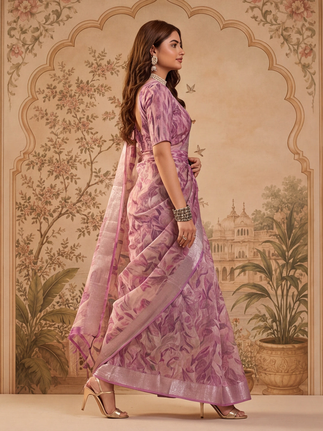 Lavender Floral Print Linen Zari Saree with Belt Digital Print Zari Border Designer Saree
