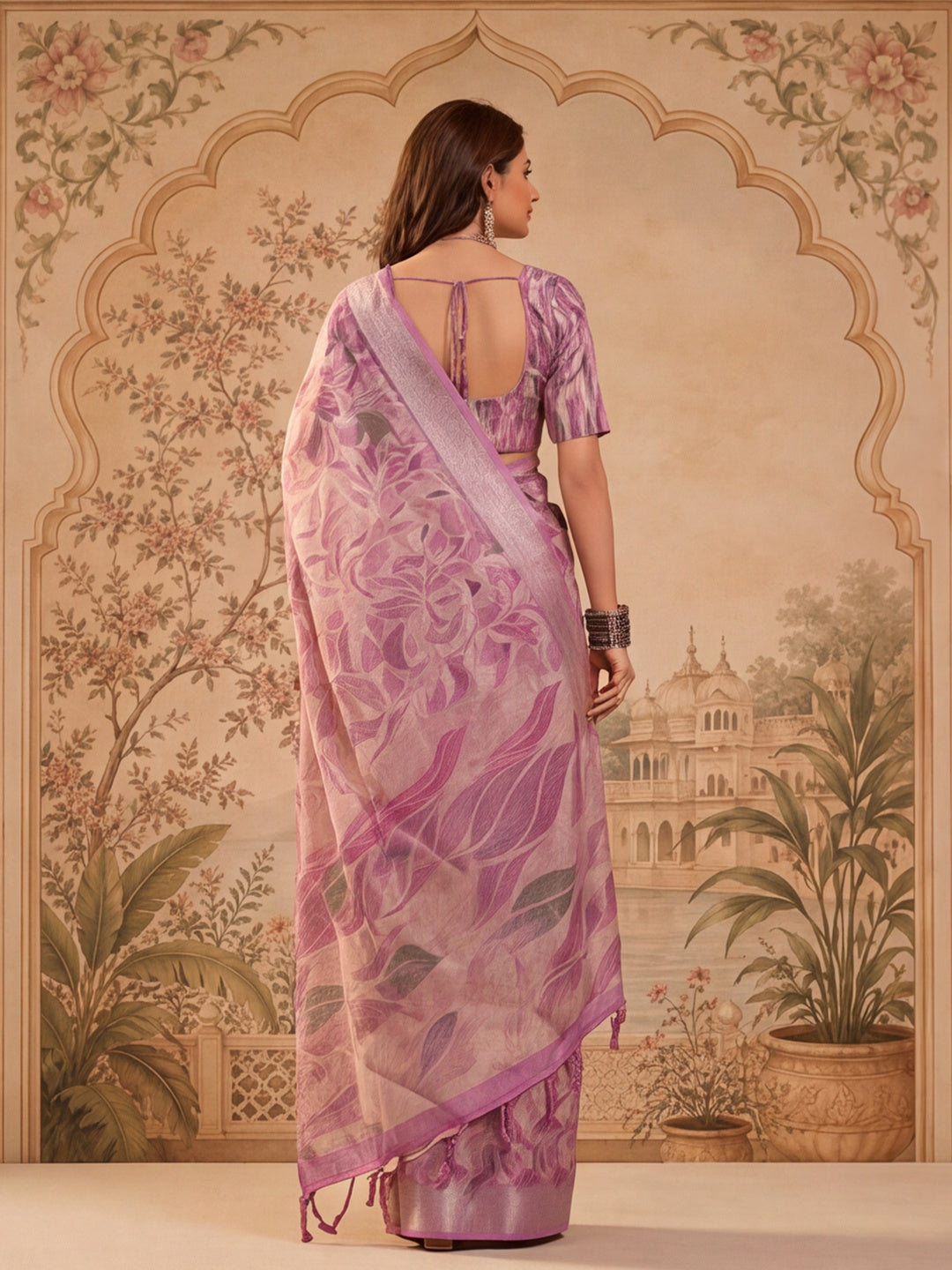 Lavender Floral Print Linen Zari Saree with Belt Digital Print Zari Border Designer Saree