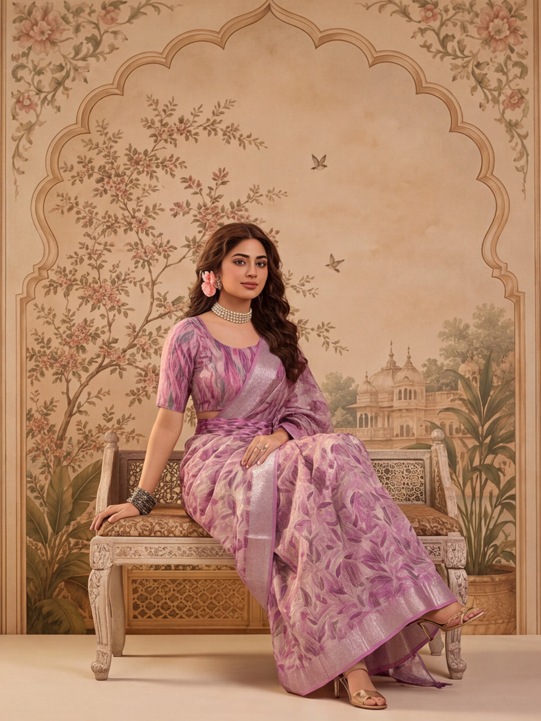Lavender Floral Print Linen Zari Saree with Belt Digital Print Zari Border Designer Saree